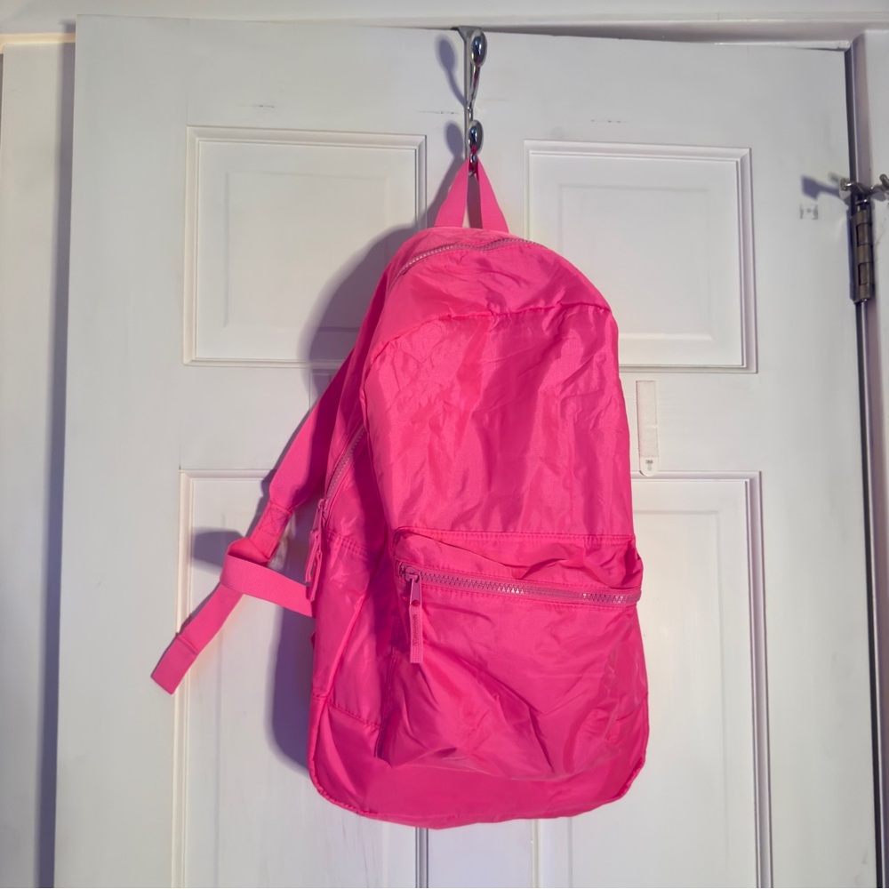 Neon Hot Pink Lightweight Nylon Stowaway Multi Pocket School Travel Backpack